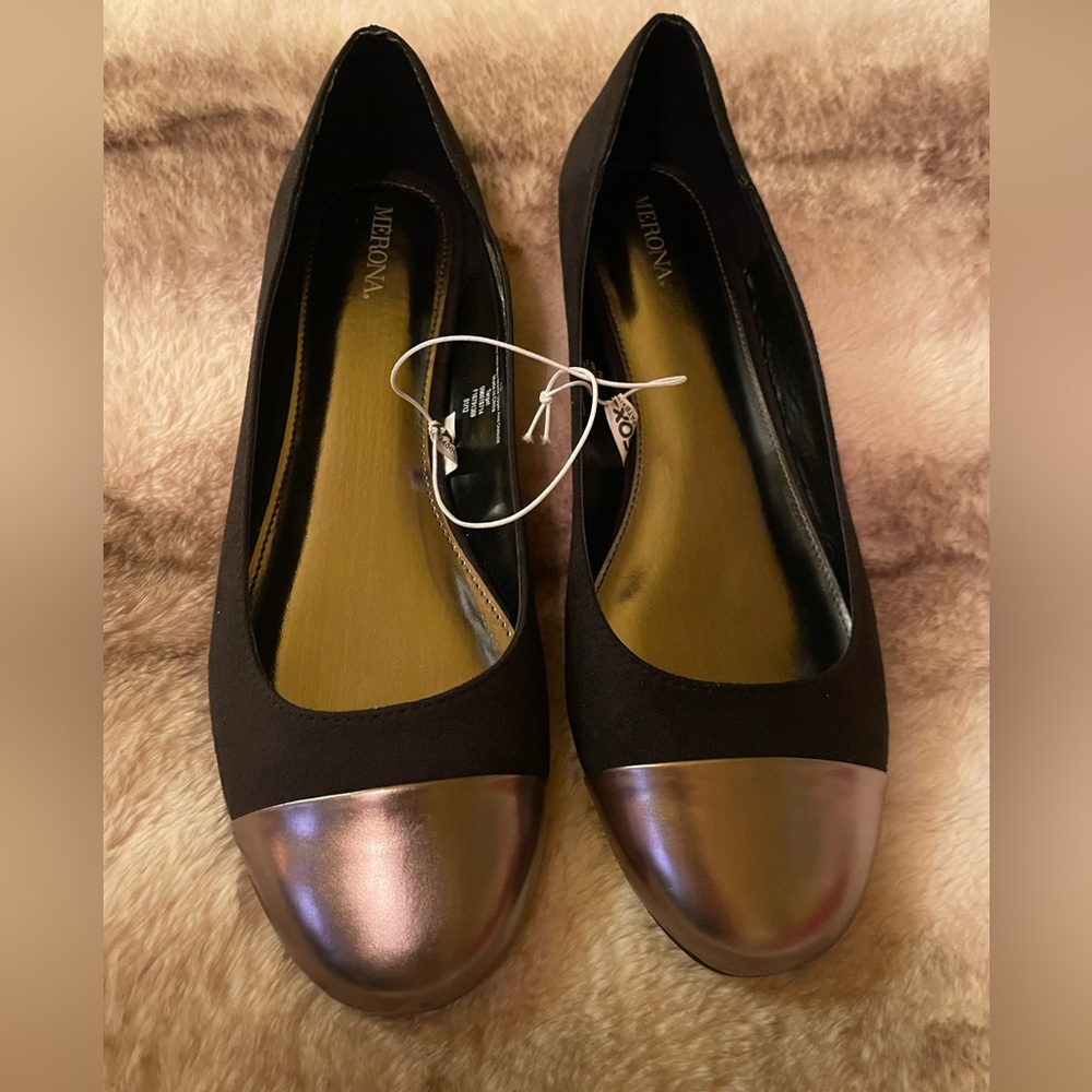New in box Merona toe capped ballet flats in black. Size 10